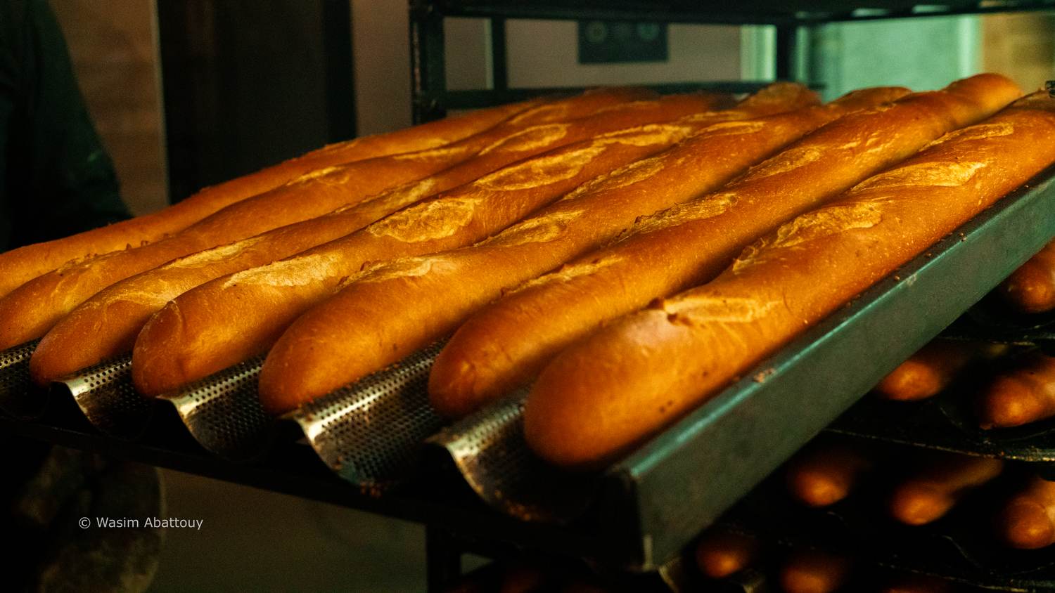 Baguettes on a baking tray coming out of the oven