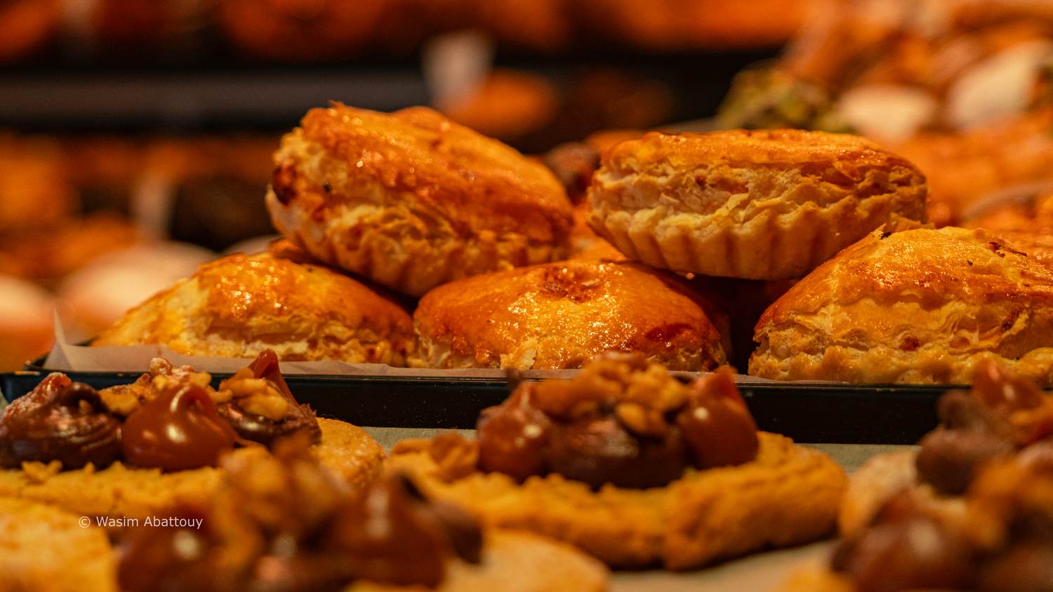 Pastries and bread in a bakery display