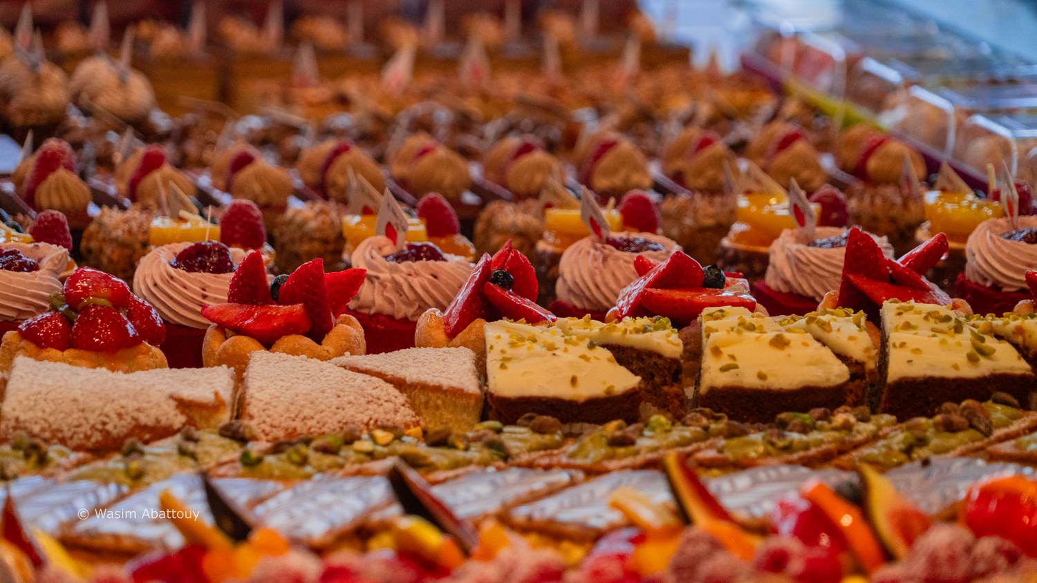 Pastries and bread in a bakery display